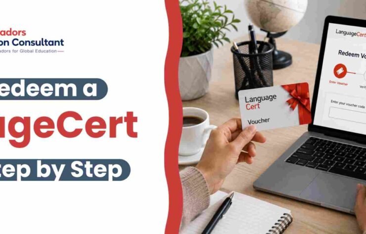 languagecert-vouchers-redeem-step-by-step Student redeeming LanguageCert vouchers online while following the steps to complete an English test booking.